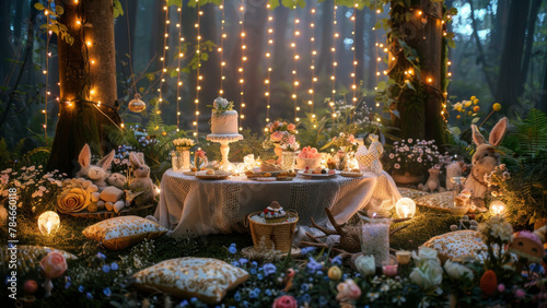 A whimsical tea party setup in the forest, adorned with fairy lights, stuffed bunnies, and a spread of sweet treats amidst floral arrangements. photo