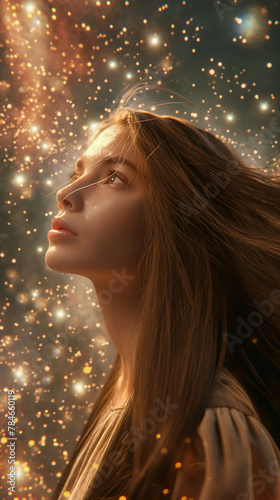 Woman with long straight brown hair in golden and pink glow, cosmic stars are on the background, flying hair, realistic photo