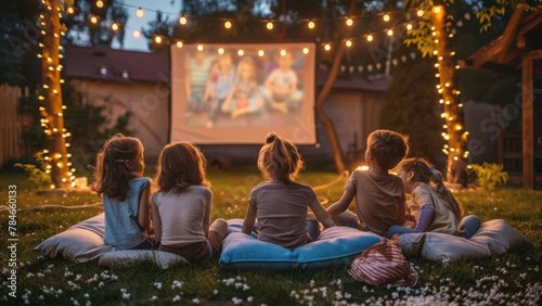Group of kids enjoying an outdoor movie night in a cozy backyard with string lights. photo