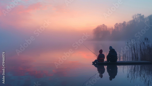 Two people enjoy a peaceful fishing moment on a serene lake, surrounded by a misty atmosphere and a breathtaking sunrise.