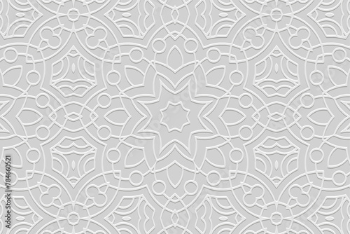 Embossed white background, ethnic cover design. Geometric elegant 3D pattern. Tribal handmade style, doodling, art deco. Ornamental boho exoticism of the East, Asia, India, Mexico, Aztec, Peru.