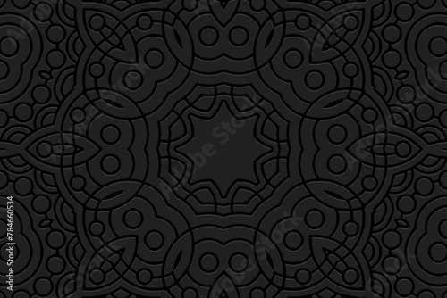 Embossed black background, ethnic cover design. Geometric abstract 3D pattern. Tribal handmade style, doodling, art deco. Ornamental boho exoticism of the East, Asia, India, Mexico, Aztec, Peru.