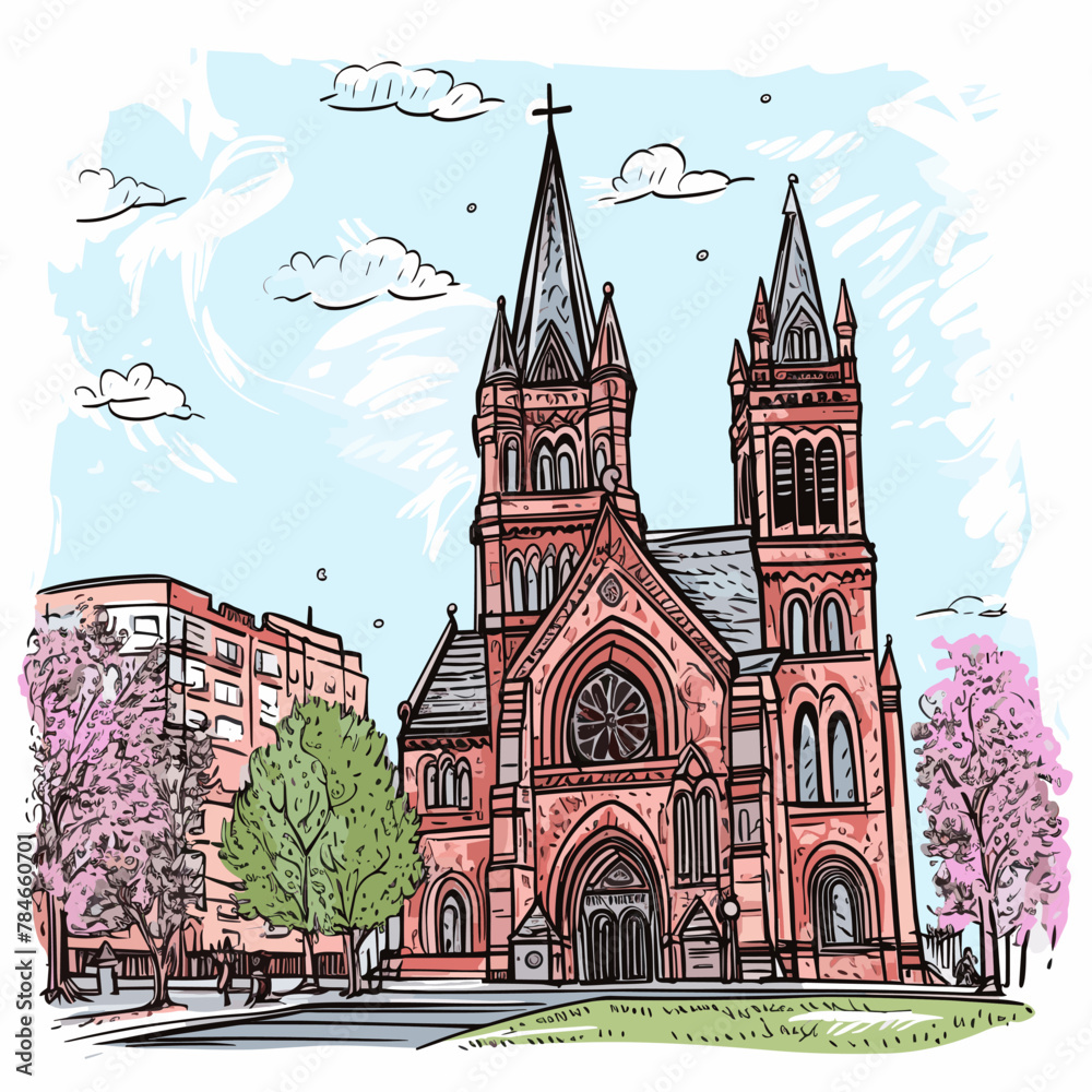 Trinity Church in Boston. Trinity Church in Boston hand-drawn comic illustration. Vector doodle style cartoon illustration