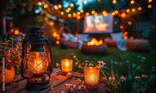 Enchanting Outdoor Movie Extravaganza: Elegant Garden Cinema with Cozy Seating, Twinkling Lights for Corporate Events and Backyard Celebrations