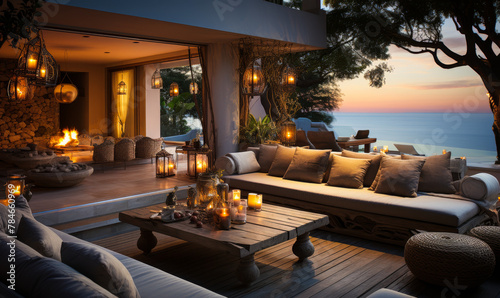 Luxurious oceanfront villa terrace with cozy fireplace and patio furniture, perfect for enjoying breathtaking sunset views by the sea. © Bartek