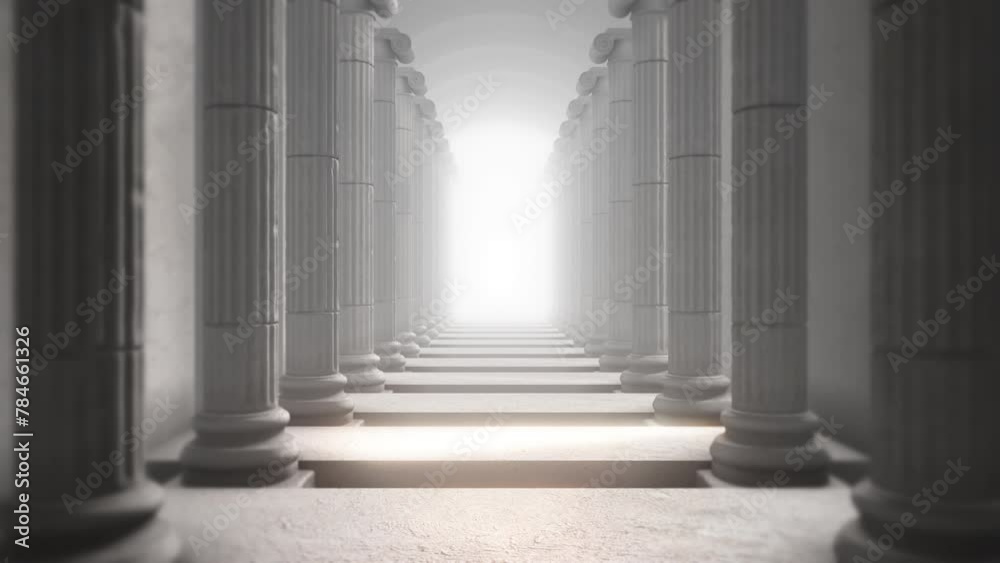 Travelling along an epic ancient hallway with huge stone columns. Travelling along an epic ancient hallway with huge stone columns.