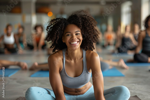 Uma linda mulher sentada em uma academia de ginástica em sua aula de ioga photo