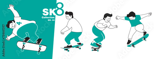skater characters Collection with skateboard to Do Skateboard Tricks. Vector illustration.Cartoon character. Collection Number 5