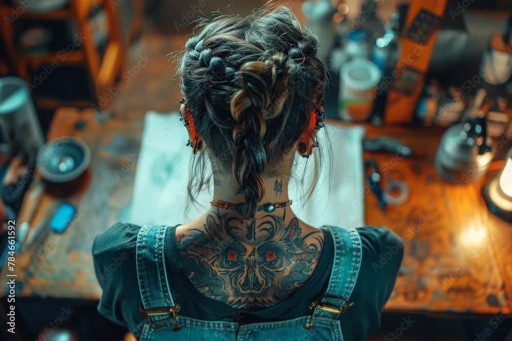 A craftsman's detailed tattoo art is shown as they work meticulously on a craft project, symbolizing focus and passion