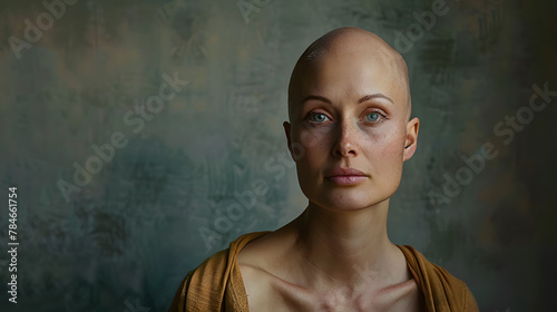 Portrait of caucasian bald woman, alopecia and cancer awareness, copy space