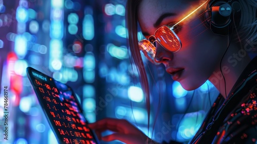 Cyberpunk style girl programmer illustration in neon color