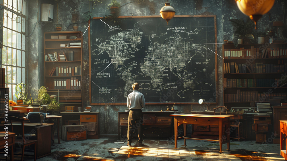 An academic environment with students focused on the lesson, as the teacher explains intricate physics problems on the blackboard