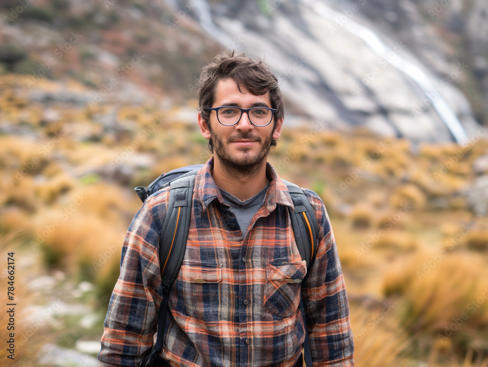 Full body action shot of a handsome 30 year old spanish man hiking. He has a belly and a full bear. He looks like a bair. He is wearing a plaid shirt and glasses. He is hiking the Andean Full body action shot of a handsome 30 year old spanish man hiking. He has a belly and a full bear. He looks like a bair. He is wearing a plaid shirt and glasses. He is hiking the Andean