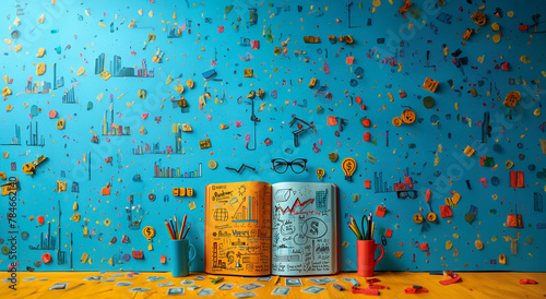 A vibrant visual metaphor for brainstorming, showcasing a notebook with doodles of financial success like arrows, graphs, and currency signs that seem to leap off the page into the real world photo