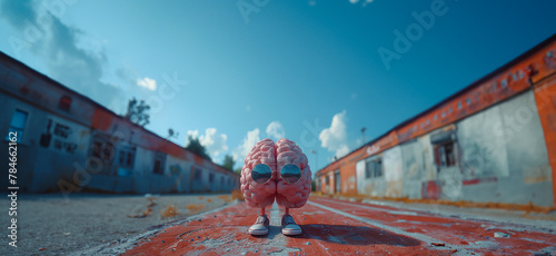 An animated human brain with sunglasses and sneakers, energetically running on an exercise track, representing the concept of 'brain training' and mental agility