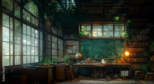 An atmospheric study space lit by the soft glow of a desk lamp, featuring an array of mathematical books, scribbled notes, and a blackboard filled with advanced calculus and algebraic formulas © Allan