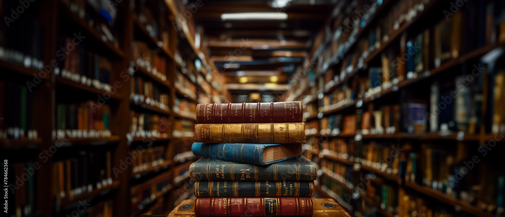 Close-up view of the spines of numerous stacked books in an old library, with the soft blur of shelves in the background, evoking the quiet sanctuary of literature
