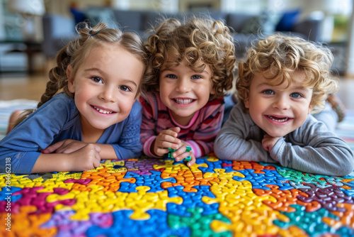 Three happy children lie together, smiling as they enjoy playing with a vibrant letter puzzle, capturing youthful joy