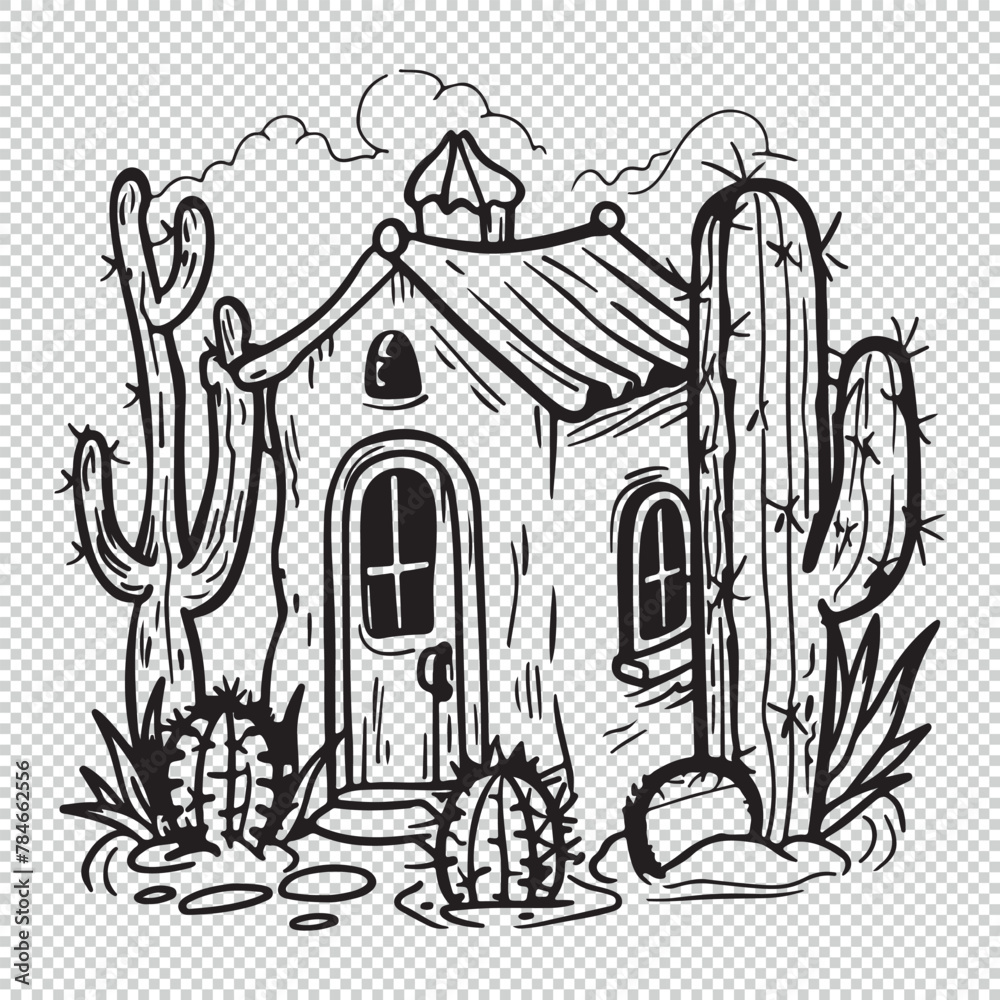Naklejka premium Cactus house line art design for kids coloring book, black vecto