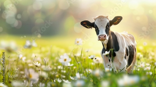 A funny cow in a green summer meadow. generative ai