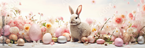 Easter. Charming Easter bunny among delicate pink palette of spring flowers and various Easter eggs, symbolizing warmth and new beginning of Easter season. Banner photo