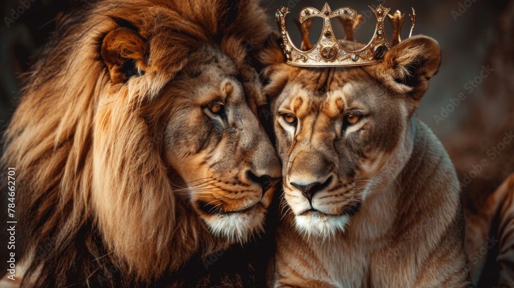 Fototapeta premium Lion king in golden crown background wallpaper concept