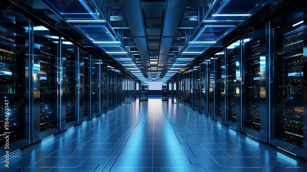 Data center with multiple rows of fully operational server racks living room. Data center with multiple rows of fully operational server racks living room.