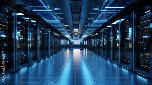 Data center with multiple rows of fully operational server racks living room.