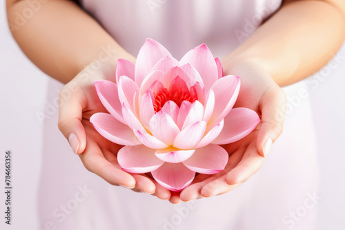Pair of female hands gently hold delicate pink lotus flower, its petals wide open, conveying purity, spiritual awakening and inner peace. Ideal for themes of serenity, meditation and harmony