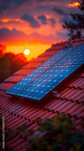 A solar panel on the roof of an urban house with a red tile roof, against the background of sunset and clouds. 9:16