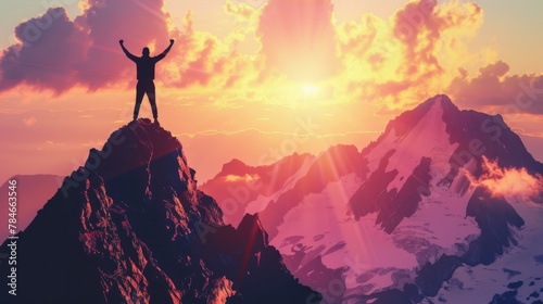 Man winner standing on mountain peak background wallpaper concept © Irina