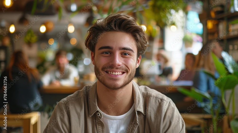 Naklejka premium Man Smiling at Table