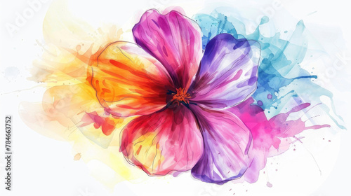 Beautiful ink and watercolor flower in blue, yellow, oink and purple on white background, banner. photo