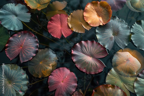 Structure and colors of lotus leaves in a water pond