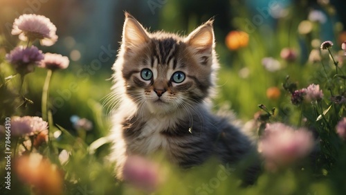 cat on the grass A fluffy Maine Coon kitten with wide, curious eyes, sitting in a sunlit garden surrounded 