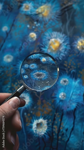 Under the magnifying glass, cells are revealed in intricate detail, showcasing their microscopic structures and biological complexity with scientific precision.