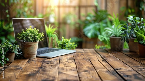 Laptop on Table Surrounded by Potted Plants
