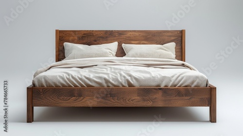 A contemporary bed with a white background viewed from behind, isolated on a white background.