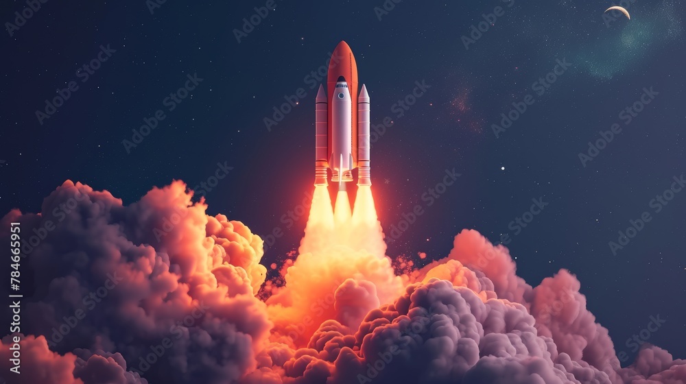 Fototapeta premium Majestic launch of a space shuttle into a dark sky lit by stars and a crescent moon