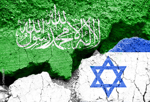 Flags of Israel and Hamas on cracked background, Israeli ans Hama, war in Gaza symbol photo