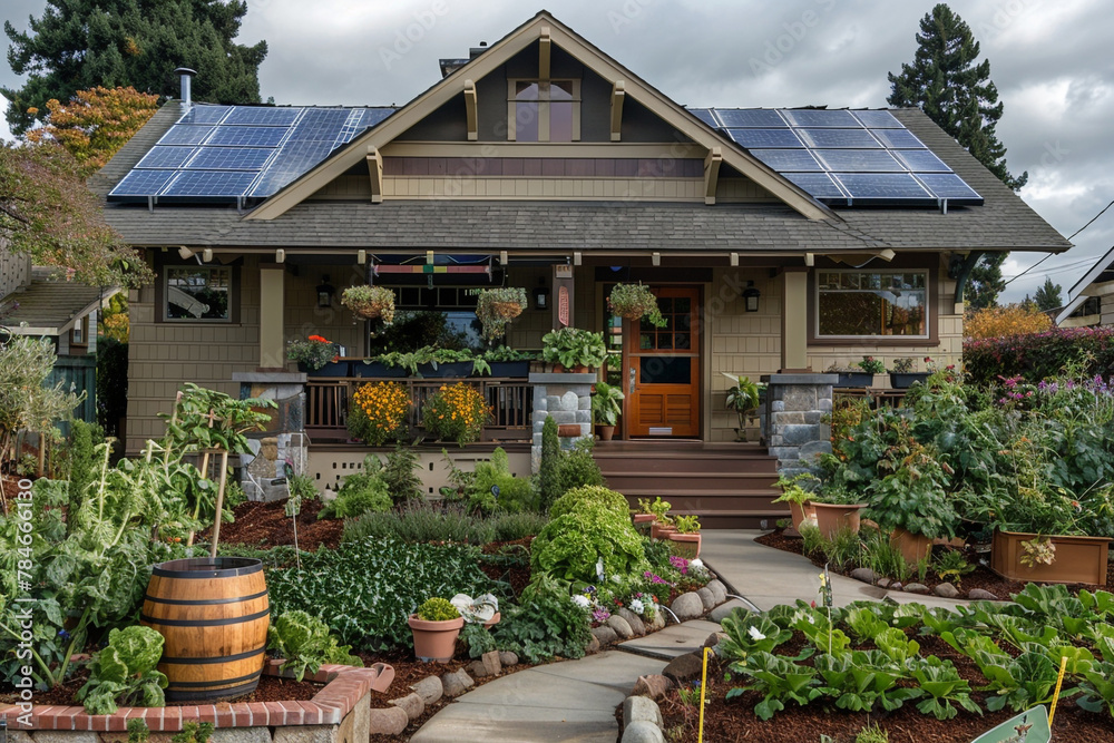 A Craftsman cottage with a front yard vegetable garden, rain barrels, and solar panels, showcasing eco-friendly living in a suburban setting.