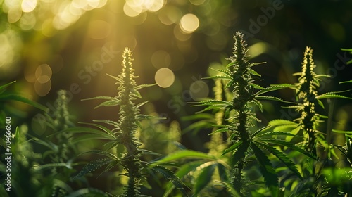 Green marijuana leaves at hemp field. Cannabis sativa plantation in background, medical product, banner with copyspace for text