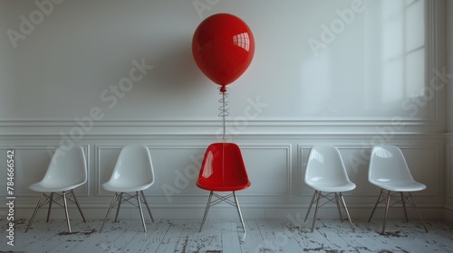 An idea concept with a red chair and a floating red balloon among white chairs on a white background.
