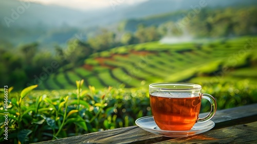 Glass transparent cup of hot tasty tea on wooden table with fresh leaves on tea plantation, sunny field background with copy space for text, product advertisement. Time of Tea concept 