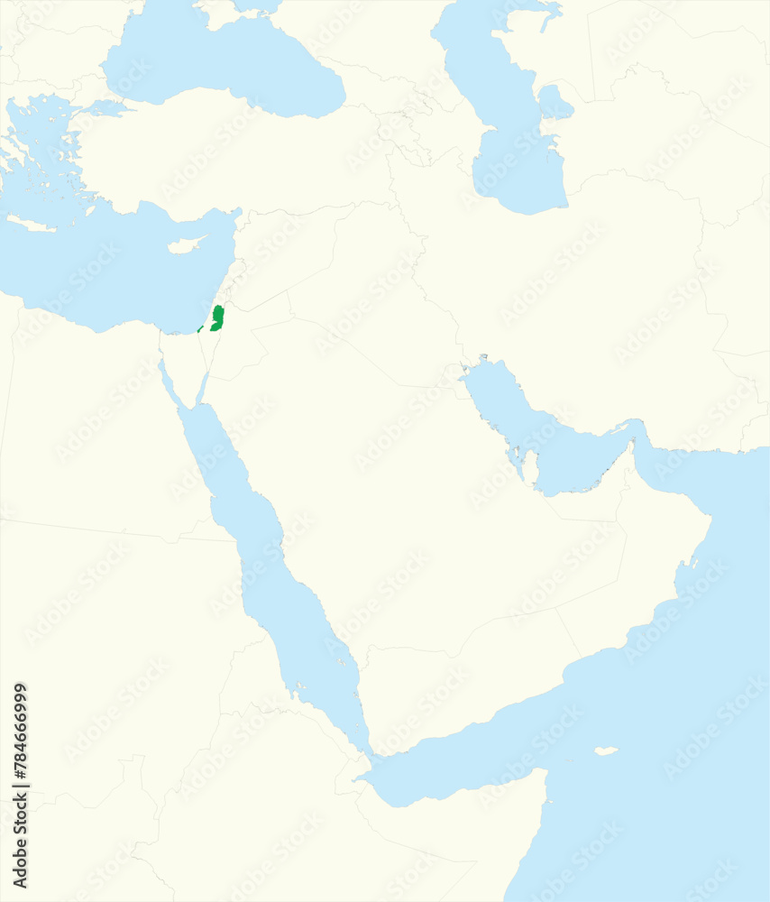 Green detailed blank political map of PALESTINE with black borders on beige continent background and blue sea surfaces using orthographic projection of the Middle East
