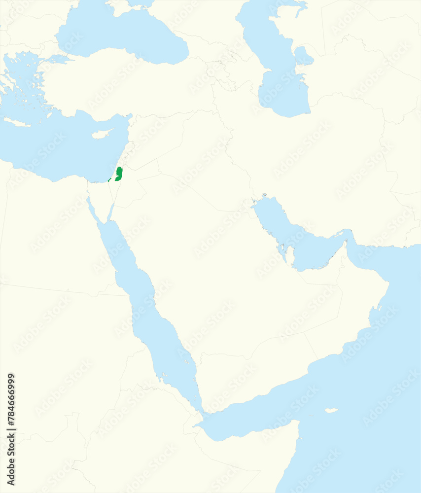 Obraz premium Green detailed blank political map of PALESTINE with black borders on beige continent background and blue sea surfaces using orthographic projection of the Middle East
