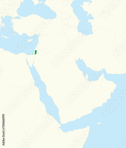 Green detailed blank political map of PALESTINE with black borders on beige continent background and blue sea surfaces using orthographic projection of the Middle East