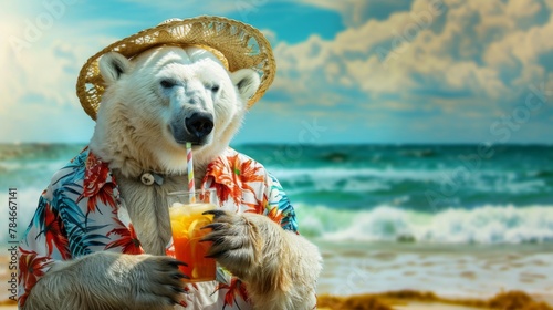 Polar bear in hat drinking juice and relax background wallpaper concept © Irina