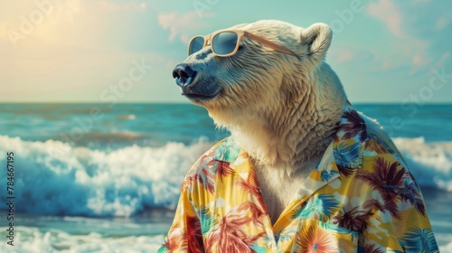 Polar bear in hat drinking juice and relax background wallpaper concept photo