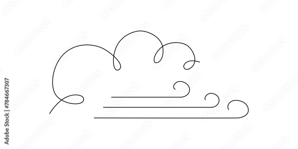 wind with cloud - hand drawing one single continuous line banner. Vector stock illustration isolated on white background for design template weather forecast, travel blog. Editable stroke.